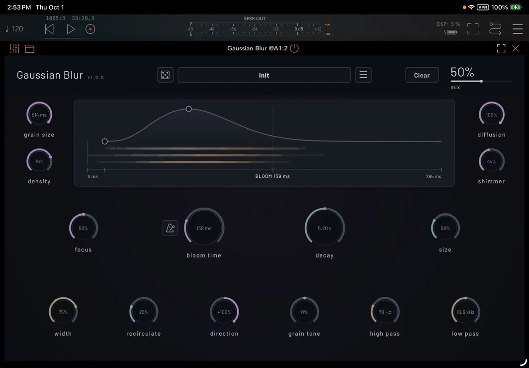 Gaussian Blur bloom reverb plugin interface, with the bloom curve peaking late to swell the reverb in after the note